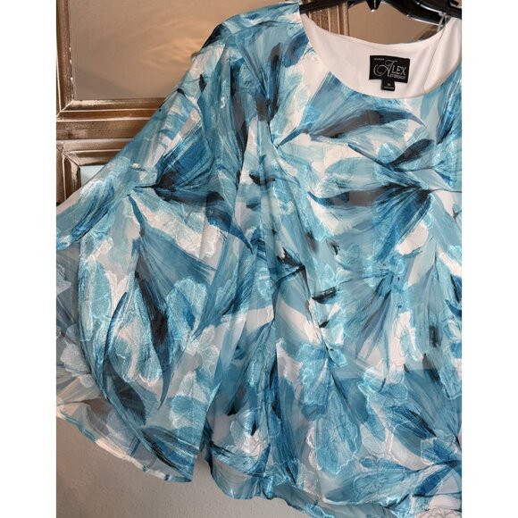 Alex Evenings Size 3X Blouse 3/4 Sleeve Layers Asymmetrical Aqua Floral NEW - Picture 3 of 10